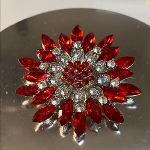 Red and Silver tone Floral Brooch
